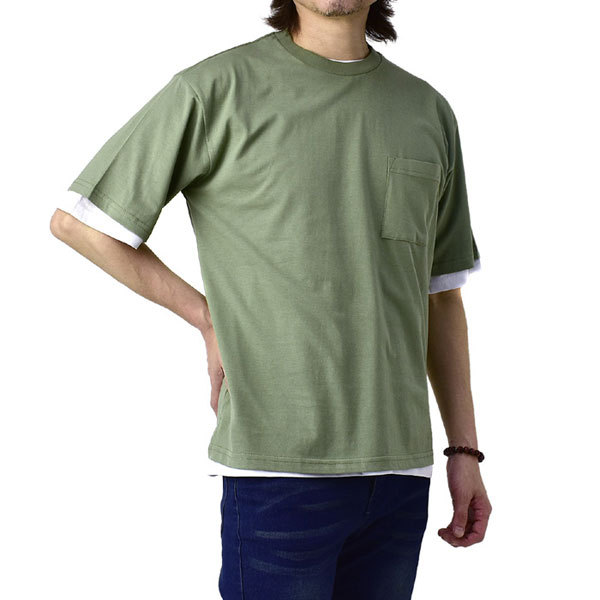 メンズ 無地ポケット付Tシャツ 半袖Tシャツ 2枚セット リアルレイヤード クルーネック トップス カットソー A5X【パケ2】｜flagon｜02
