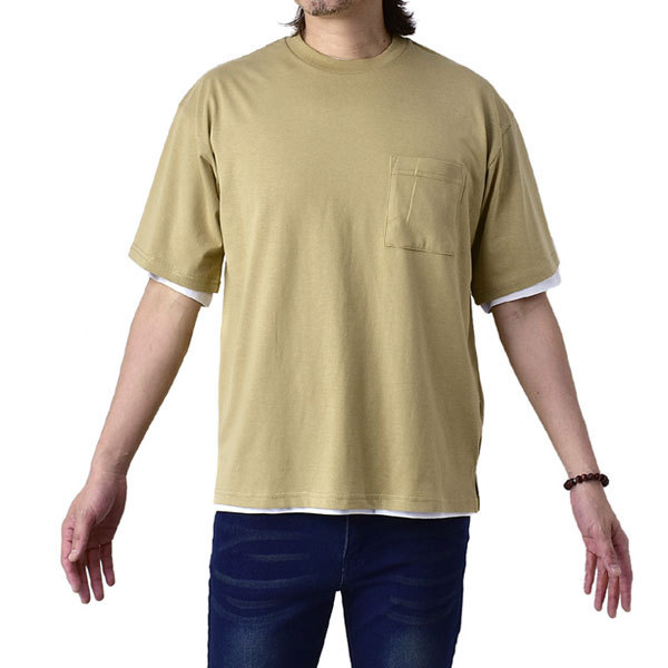 メンズ 無地ポケット付Tシャツ 半袖Tシャツ 2枚セット リアルレイヤード クルーネック トップス カットソー A5X【パケ2】｜flagon｜04
