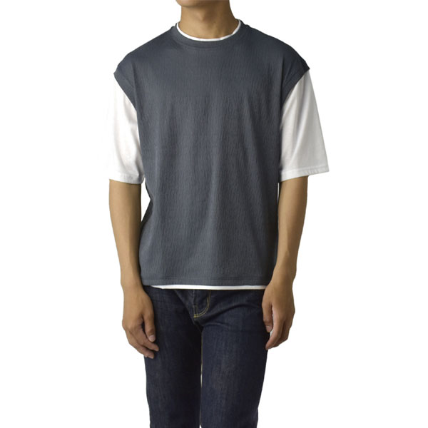 メンズ フェイクレイヤード ベストTシャツ 半袖 接触冷感 速乾 UV対策 重ね着風 おしゃれ C3O セール【パケ1】 | FLAG ON CREW | 03