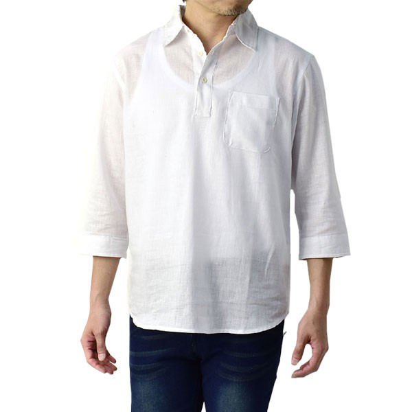 プルオーバーシャツ メンズ カプリシャツ 七分袖 7分 シャツ 麻混 