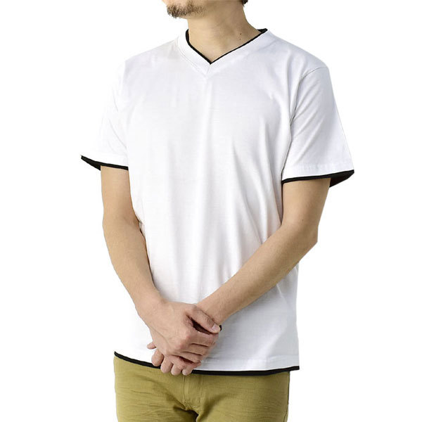 Vネック 半袖 Tシャツ メンズ 無地Tシャツ 2重フェイクレイヤード 綿カットソー トップス E1P【パケ2】｜flagon｜02