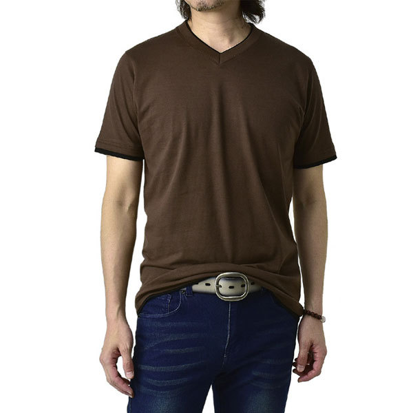 Vネック 半袖 Tシャツ メンズ 無地Tシャツ 2重フェイクレイヤード 綿カットソー トップス E1P【パケ2】｜flagon｜04