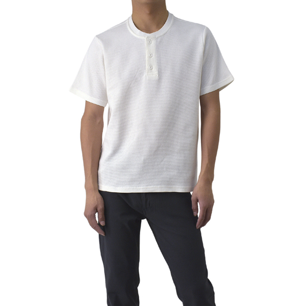 Tシャツ 半袖 メンズ カットソー ヘンリーネック ワッフル サーマル オーガニックコットン使用 綿100％ 伸縮性 吸水性 通気性 E1Z セール【パケ1】 爆買 | FLAG ON CREW | 01