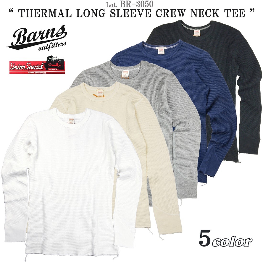 バーンズ BR-3050 サーマル 長袖 Tシャツ クルーネック ワッフル　BARNS OUTFITTERS　Lot. BR-3050