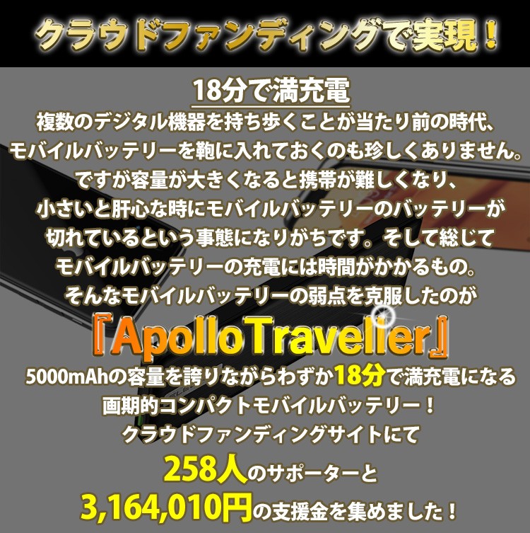 ELECJET　Apollo　Traveller　アポロトラベラー　グラフェン配合セル　18分で満充電　5000mAh　 コンパクトモバイルバッテリー（NPT）／海外×