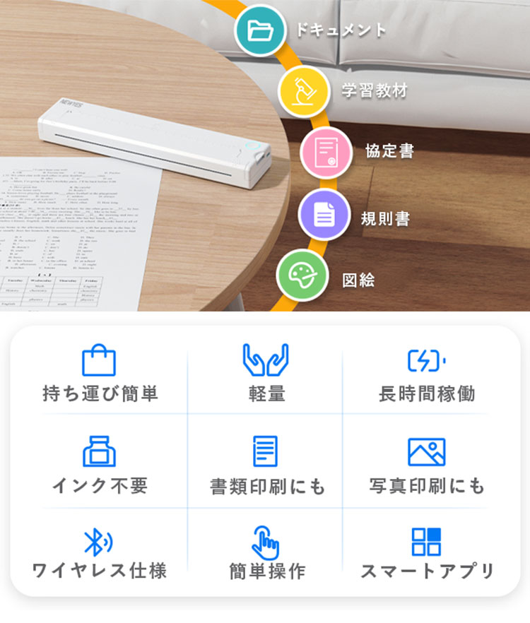 NEWYES LD0801 ポータブルワイヤレスミニプリンター インクレス 