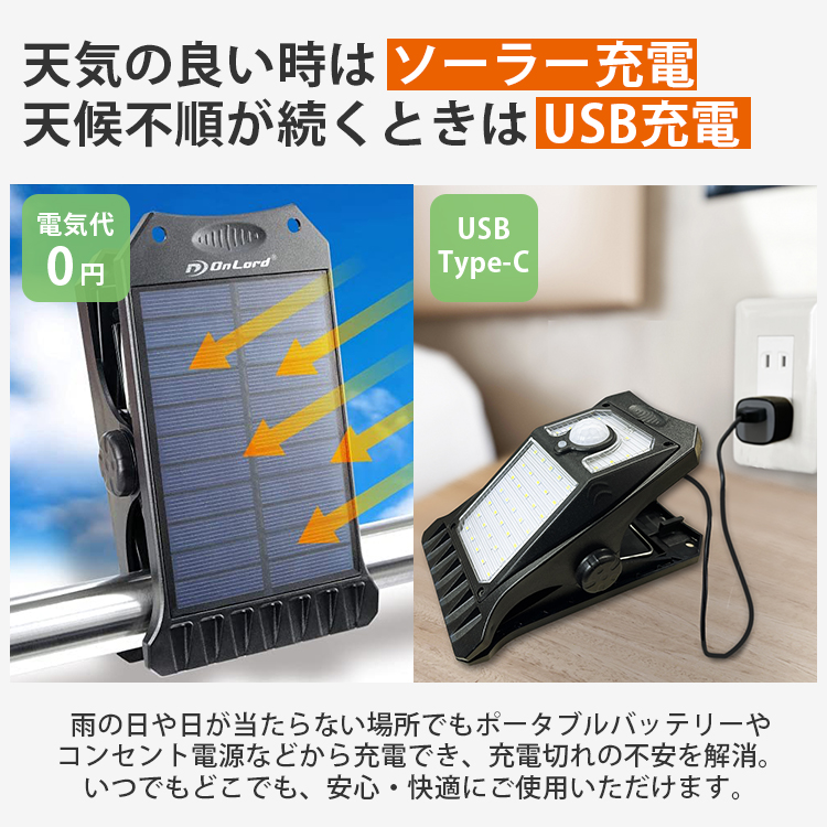 2個セット クリッパUSB ソーラー充電式 クリップ型 センサーライト OL