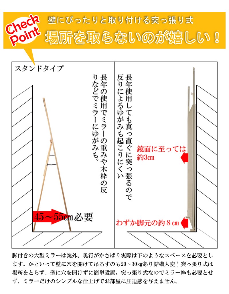 鏡 突っ張り 大型 幅80cm 壁面ミラー ダンス ヨガ バレー 姿見