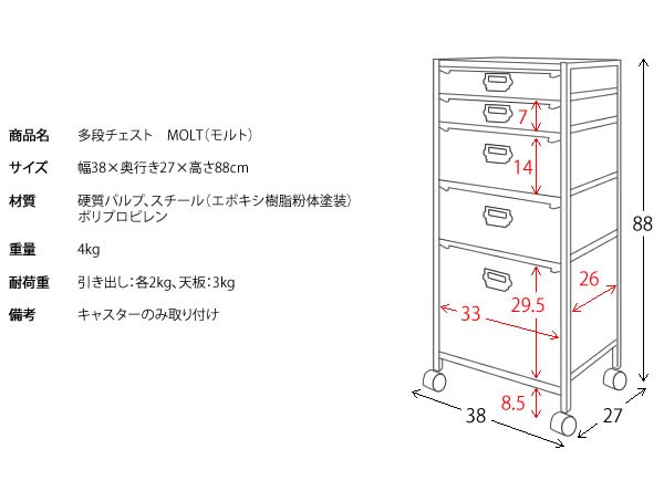 多段チェスト 5段 書類入れ ワゴン デスクワゴン キャスター 軽量 A4