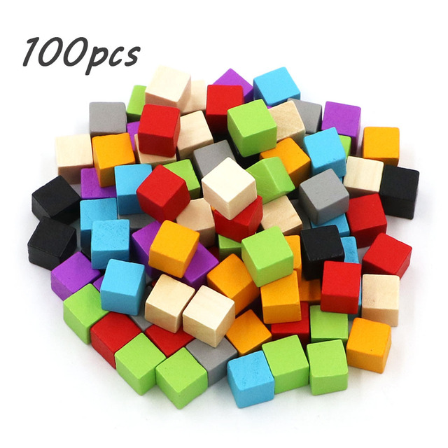 100ピース/セット木製キューブブロック空白サイコロdiyトークン新製品10ミリメートルの正方形の角カラーボードゲームキューブ早期教育｜flat-store｜10