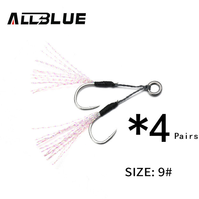 Allblue 4ペア/ロット金属ジグアシストpeラインフェザー固体リングジギングスプーン海水釣り針ため5-80グラムルアー｜flat-store｜02