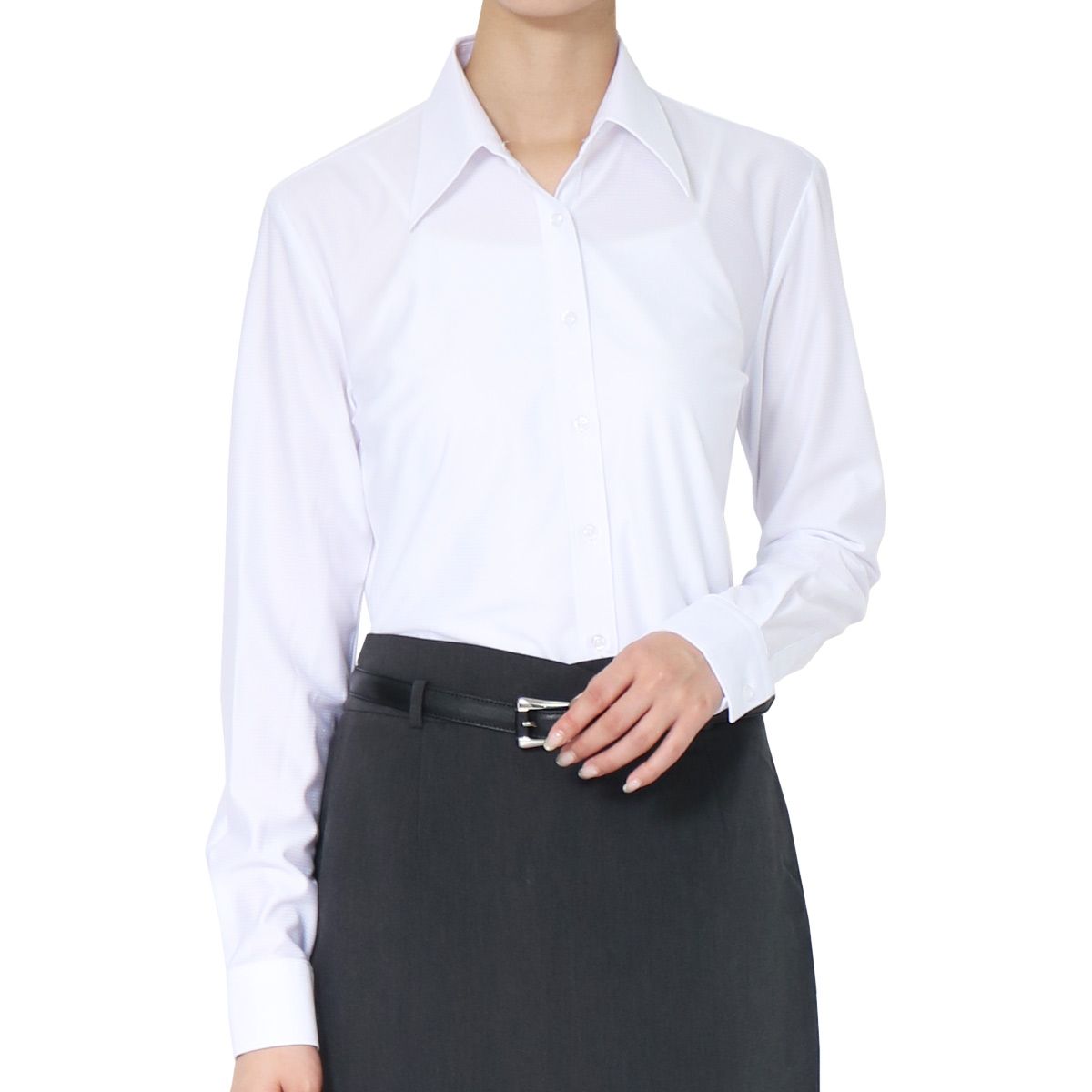 ニットシャツ ブラウス ノーアイロン ワイシャツ ストレッチ レディース レギュラーカラー オフィス 長袖 伸縮性 ビジネス ホワイト メール便送料無料 la-05 | FLiC | 03