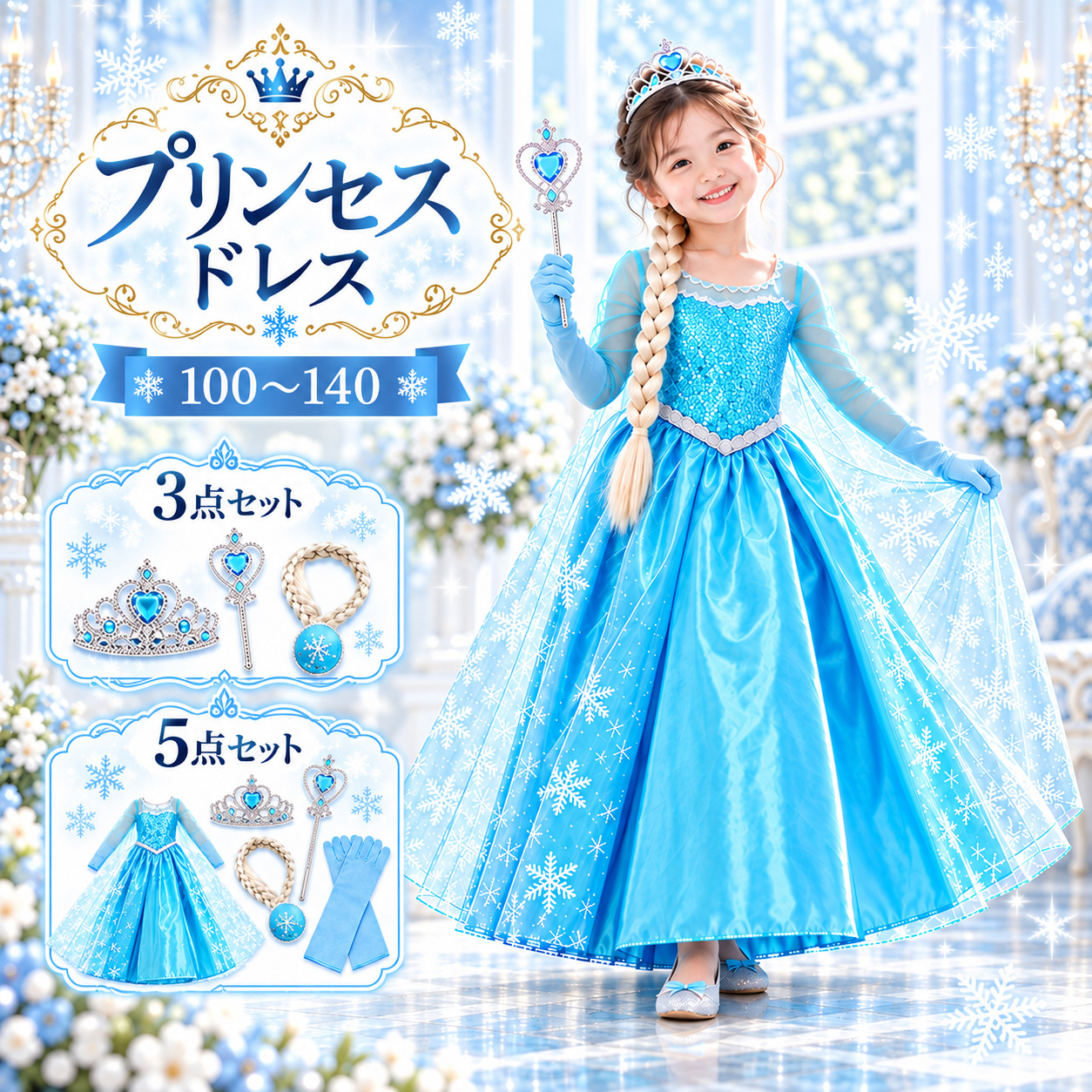 エルサ ドレス 子供 3点 5点セット 100 110 120 130 140 プリンセス