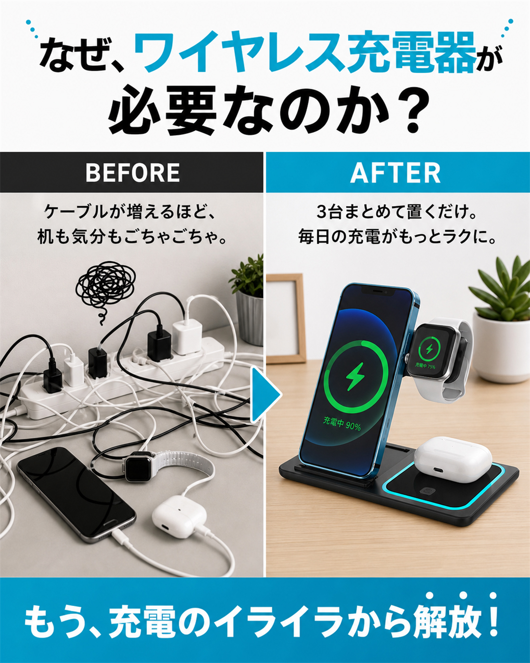 ワイヤレス充電器 折り畳み式 ワイヤレス 充電器 3in1 最大15w iPhone