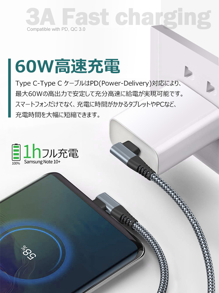 急速充電ケーブル タイプc type-c ケーブル typec 1M 2M 3M 3本セット