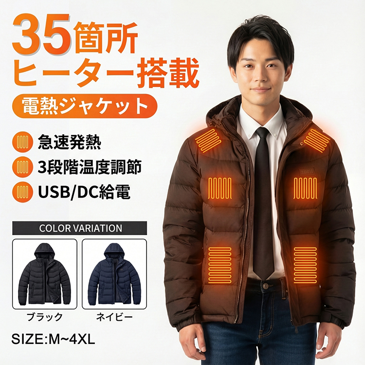 電熱ジャケット 長袖 前後 35箇所発熱 バッテリー付き 日本製繊維 