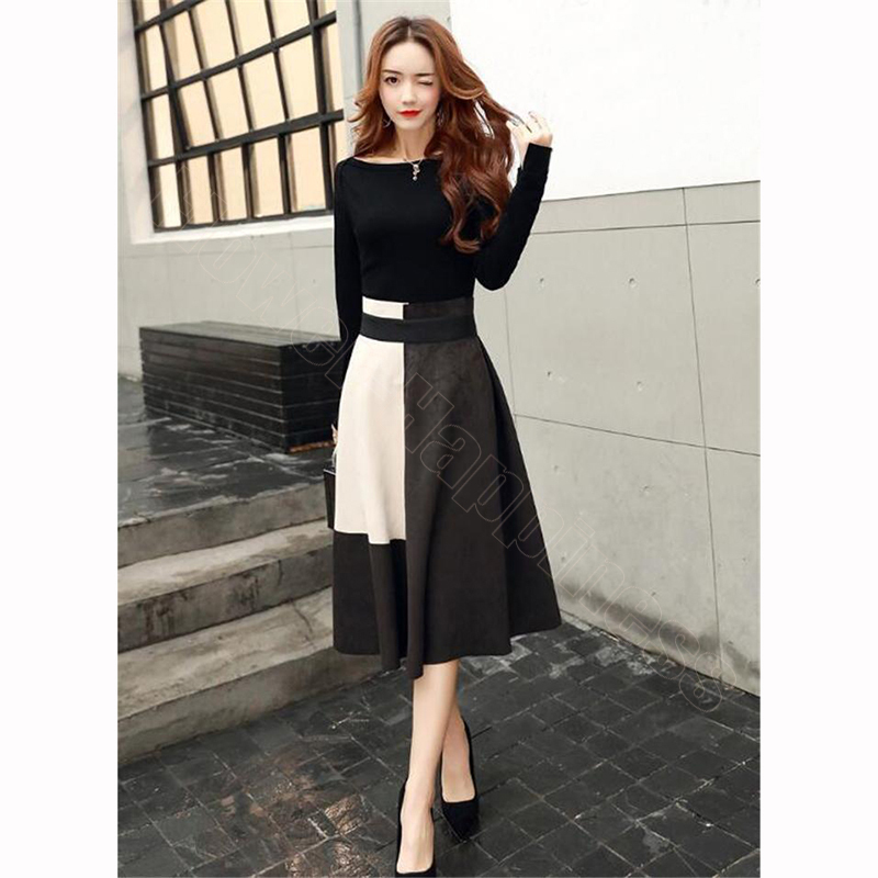 ツーピース夏秋ワンピース風セットアップ仕事用ol長袖フォーマルドレス通勤服通学 スカートtシャツ秋2点セットセットアップｖネックミディアム丈膝丈無地 Flower Nsq06 Flower Happiness 通販 Yahoo ショッピング