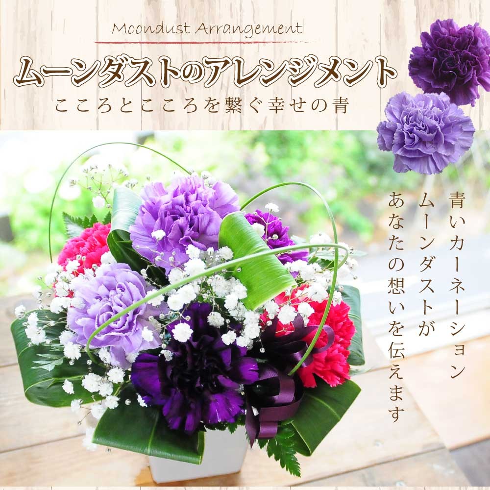 アレンジメント。ムーンダストをメインに、カーネーションやカスミ草を使用して作成しました。