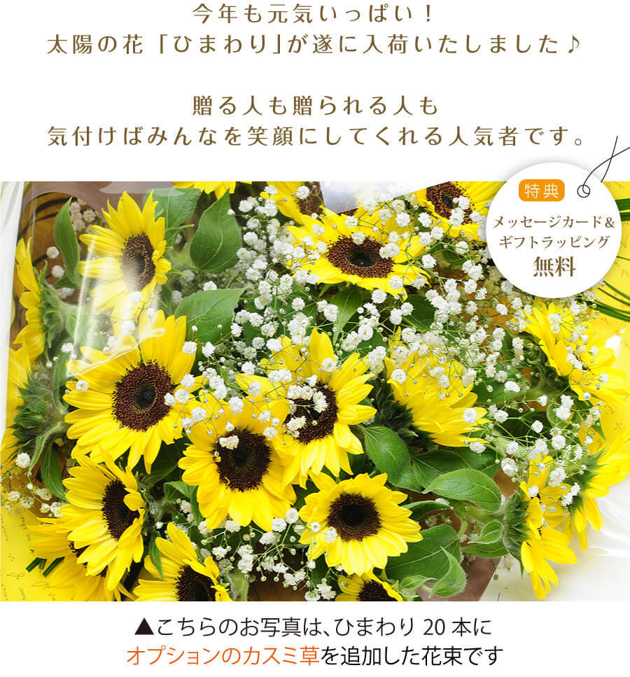 夏の日差しを思わせる明るい黄色とオレンジのひまわり20本が豪華に束ねられた生花です。