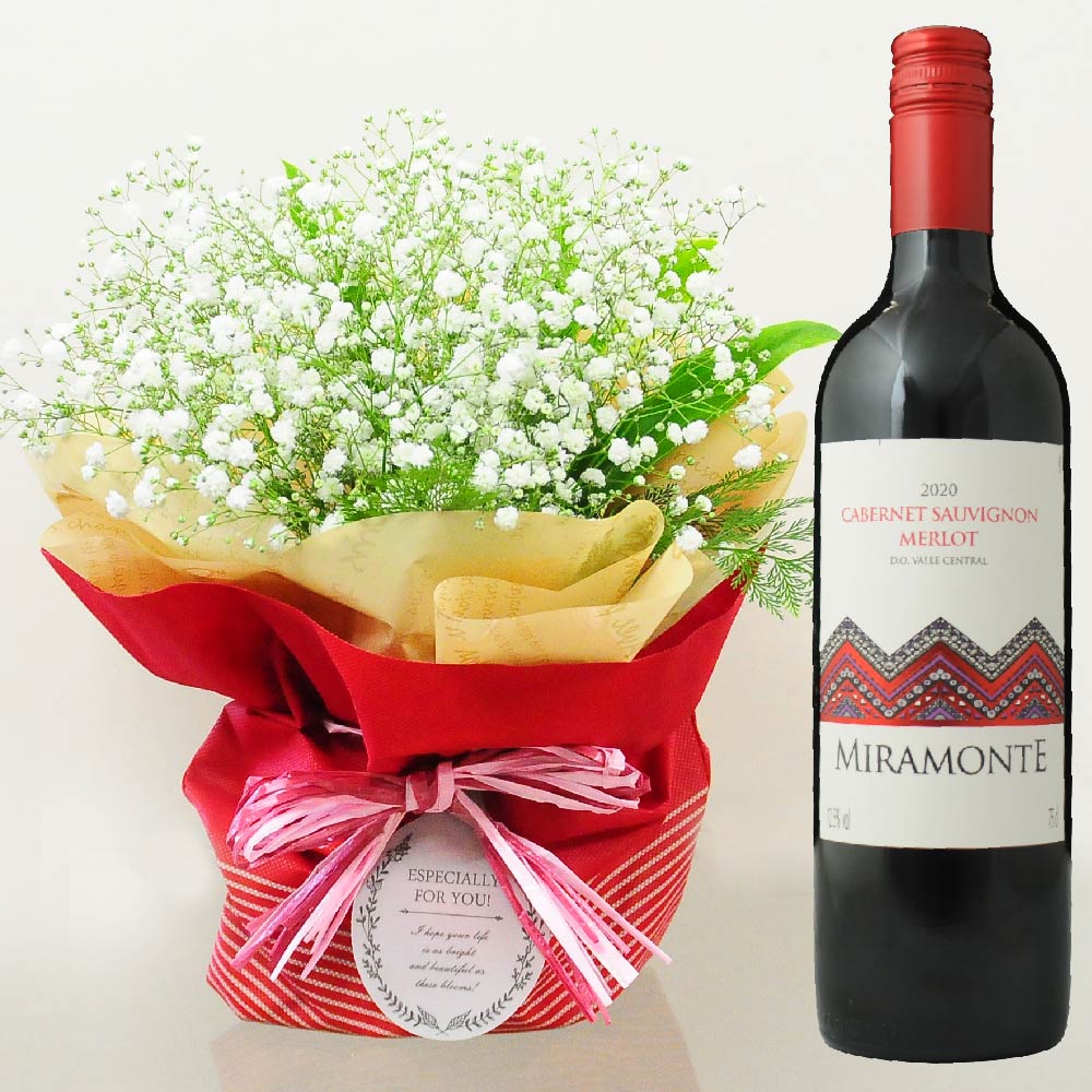母の日 誕生日 プレゼント 花束 お祝い 花と赤ワイン そのまま飾れる不思議なブーケとチリ産ワインミラモンテのセット｜flower｜07