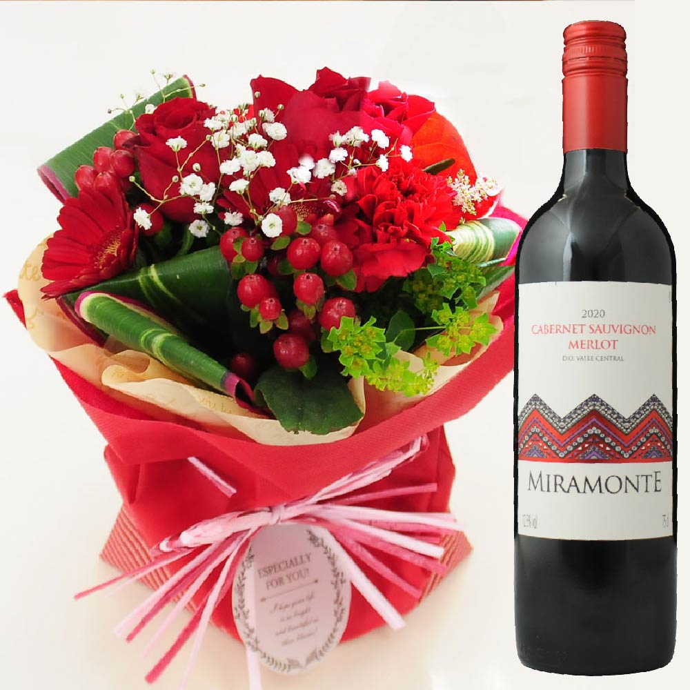 母の日 誕生日 プレゼント 花束 お祝い 花と赤ワイン そのまま飾れる不思議なブーケとチリ産ワインミラモンテのセット｜flower｜02