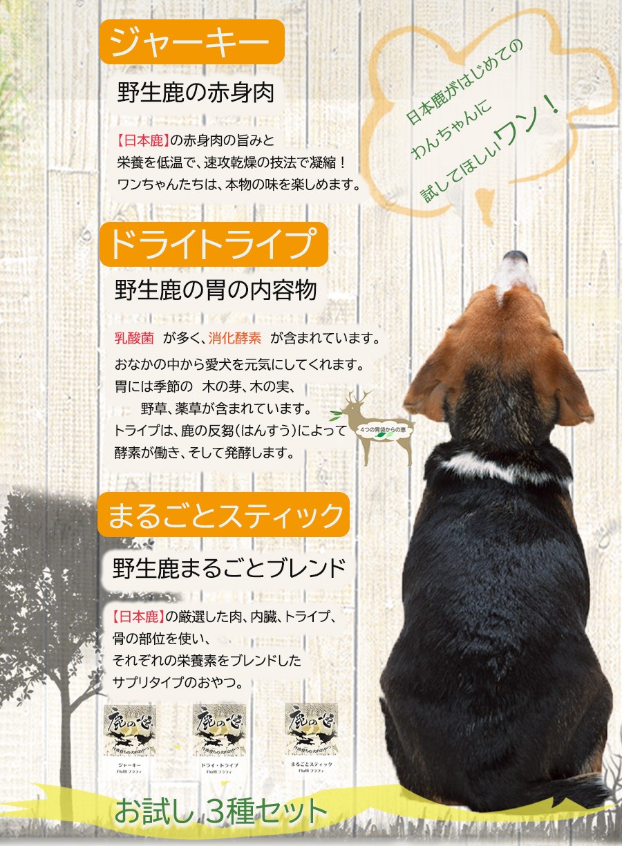 鹿の恵  お試し3種セット45g 　野生鹿の赤身肉　胃の内容物　厳選した肉