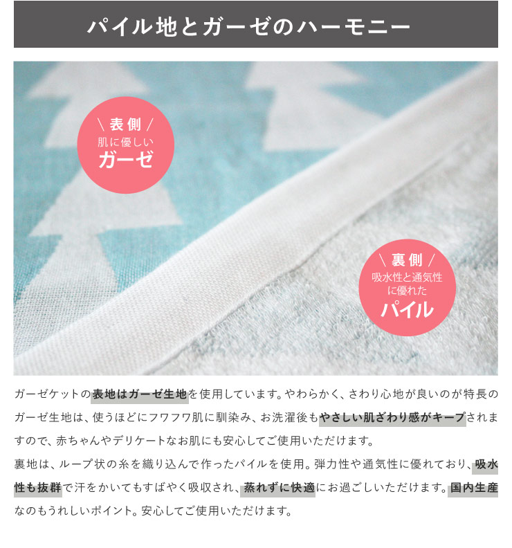 表面は爽やかなデザインのガーゼ素材、裏面はパイル仕上げと、二重織りに仕上げた今治タオルのガーゼケットです。