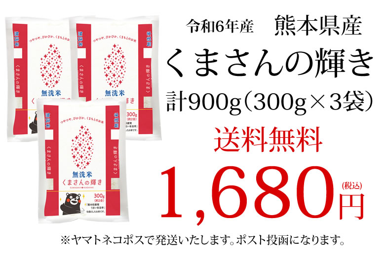 くまさんの輝き 無洗米 送料無料 計900g（300g×3袋） お試し 令