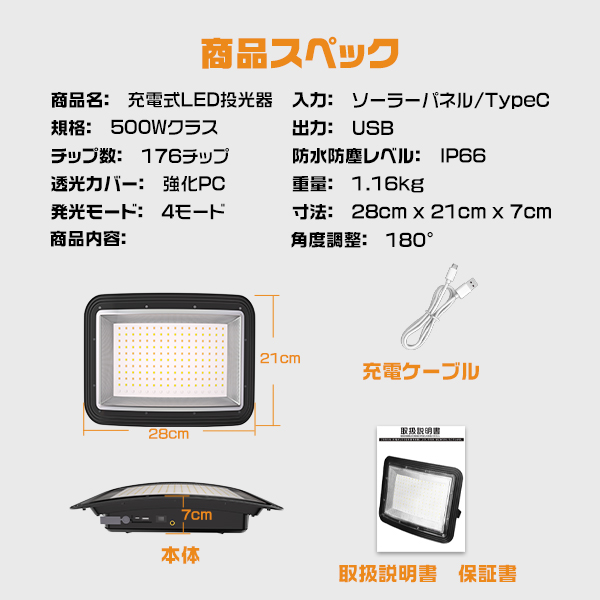 LED充電式投光器 500W 46800LM 弧面超広角発光 ソーラー USB充電 無段階調光 折りたたみソーラーパネル 残量デジタル表示 防塵防水 IP66 3年保証 4台 |  | 16