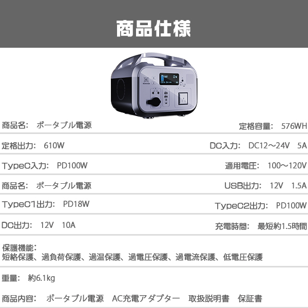 リーフ 車載 ポータブル電源 大容量 180000mAh/576Wh リン酸鉄 家庭用 蓄電池 キャンプ 露店「停電対策」｜force4future｜11