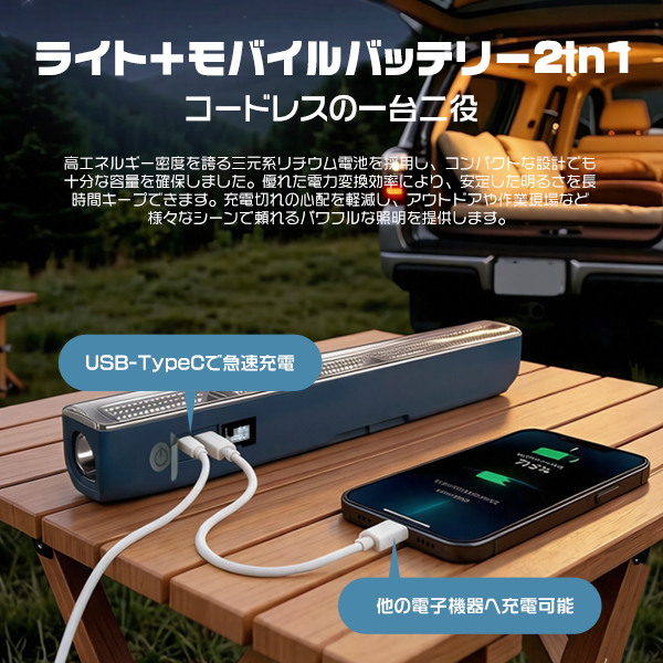 [バッテリー強化2代目]LEDライト 充電式 強力マグネット 作業ライト 10000mAh 40.1cm 無階段調光 Type-C充電 6発光モード アウトドア/キャンプ/防災 2年保証 2台 | ブランド登録なし | 07