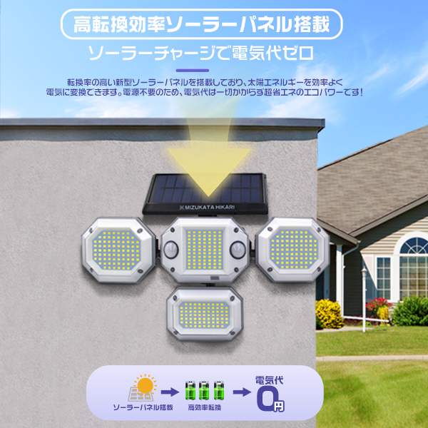 [2台] [検知UP] ledソーラーライト 人感センサー2つ付 MAX3200LM リモコン付 角度調整 4面発光 300°広角照射 一体型 屋外 防犯 防水防塵 |  | 02