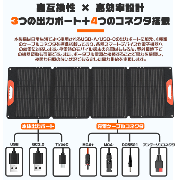 ソーラーパネル 120w 太陽光パネル ソーラーチャージ スマホに充電 折り畳み式 米国産単結晶 防水 防災 高変換率 超薄型 軽量 4in1ケーブル PSE 送料無料 | ブランド登録なし | 05