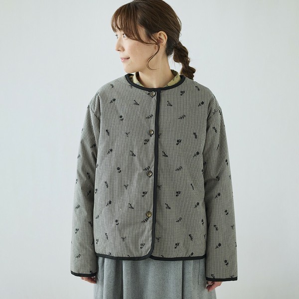 ▼希少✨サリースコット【9】ボーダー 北欧柄 花総柄 ノーカラージャケットコート cloud nine クラウドナイン 小花柄刺しゅう入り中綿キルトショート