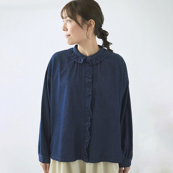 cloud nine クラウドナイン デニムフリルブラウス 前開き 綿