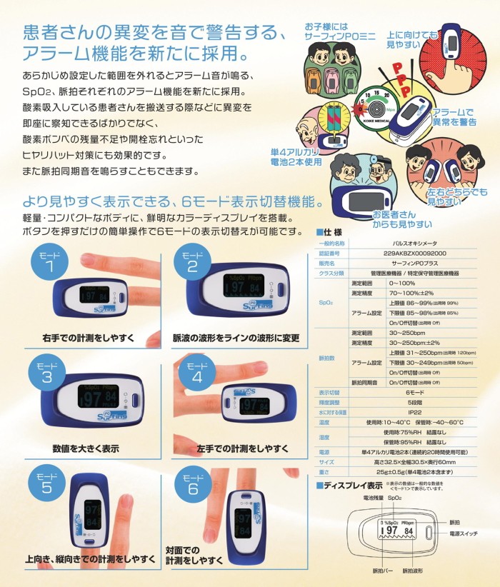 医療機器認証 アラーム機能付き パルスオキシメーター サーフィンPO