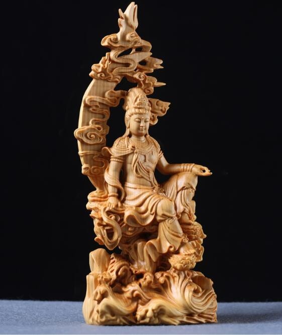 黄楊木 彫刻 木製 仏像 工芸品 水月観音 仏像 観音菩薩 仏像 置物 鎮宅 