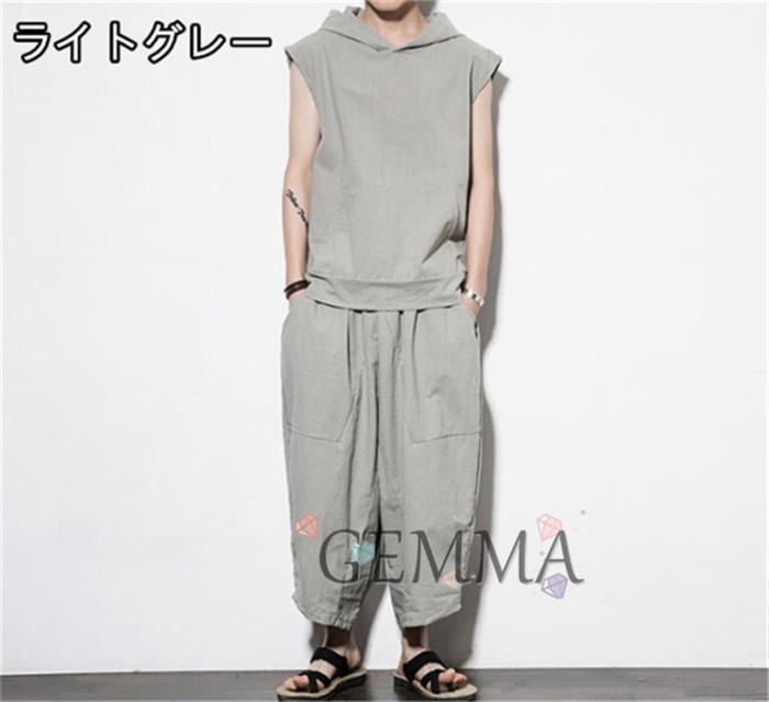 セットアップ メンズ ジャージ Tシャツ 袖なし サルエルパンツ カジュアル ノースリーブ タンクトップ カットソー フート付き 父の日