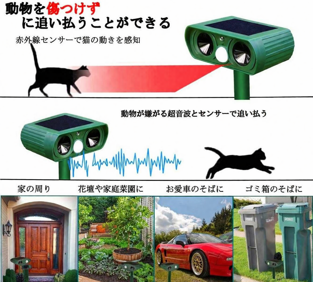 猫よけ 超音波 ソーラー 充電 動物撃退器 カラスよけ 鳩よけ センサー