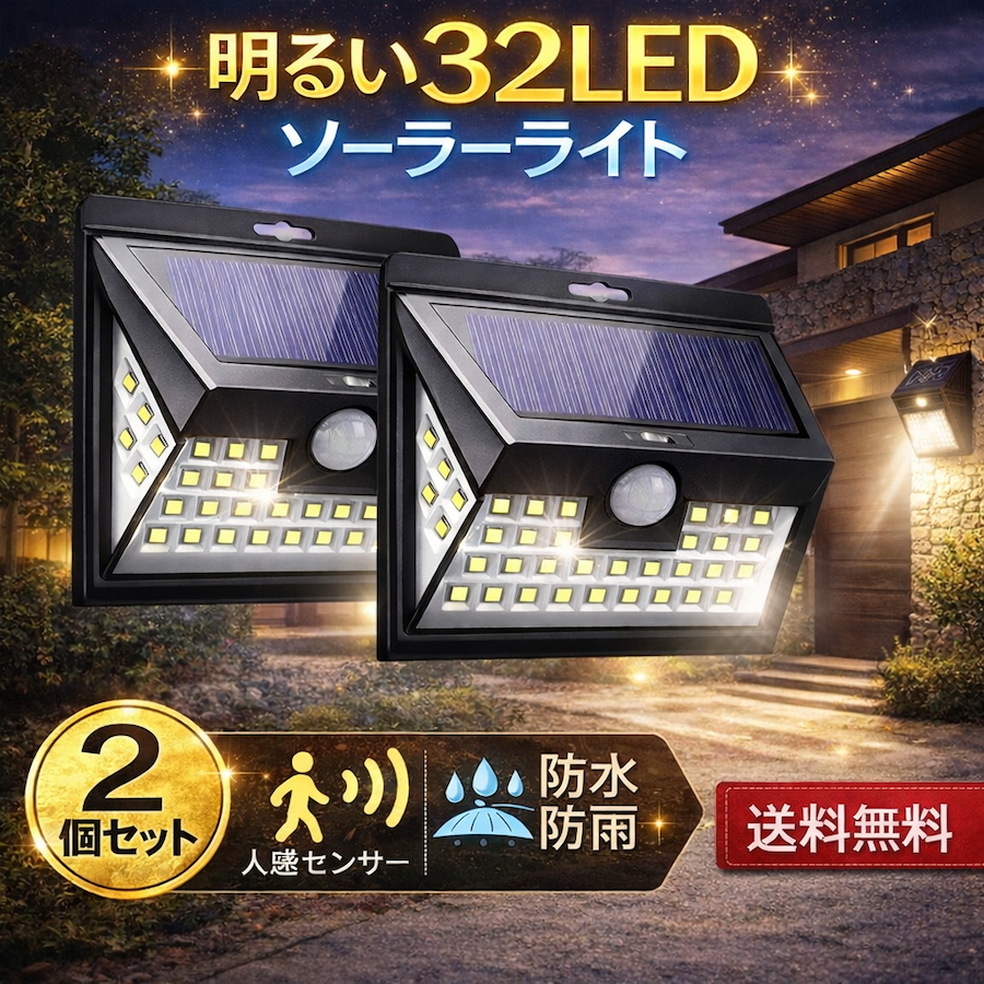センサーライト 屋外 LED ソーラー 防犯 玄関 32 ソーラーライト 人感