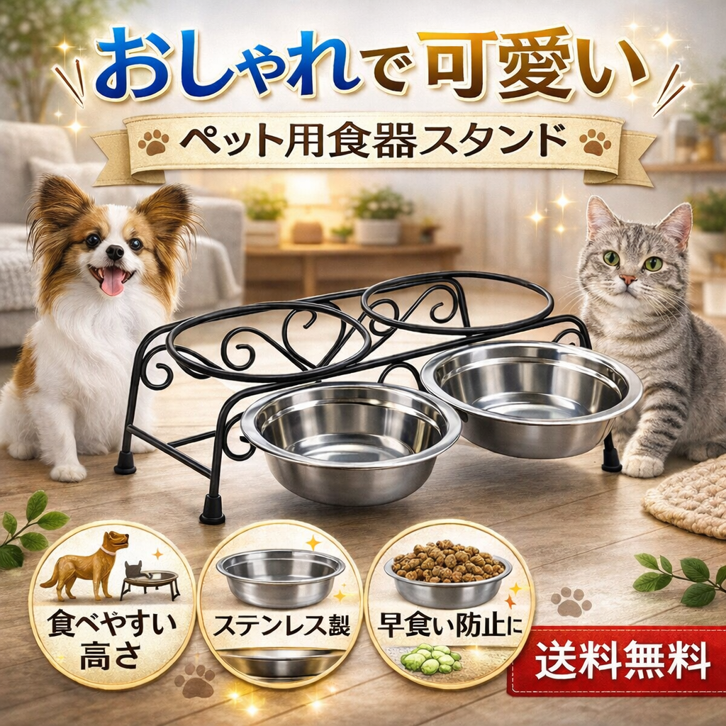 犬 猫 食器スタンド 2連 高さ付き ステンレス ペット 食器台 給水器