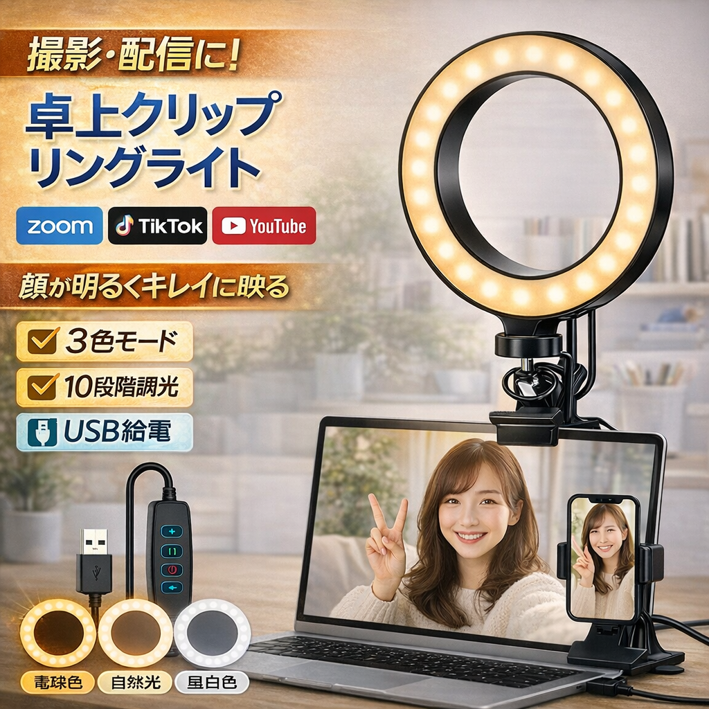 女優ライト 後付け リングライト クリップ スマホ 卓上 撮影 パソコン