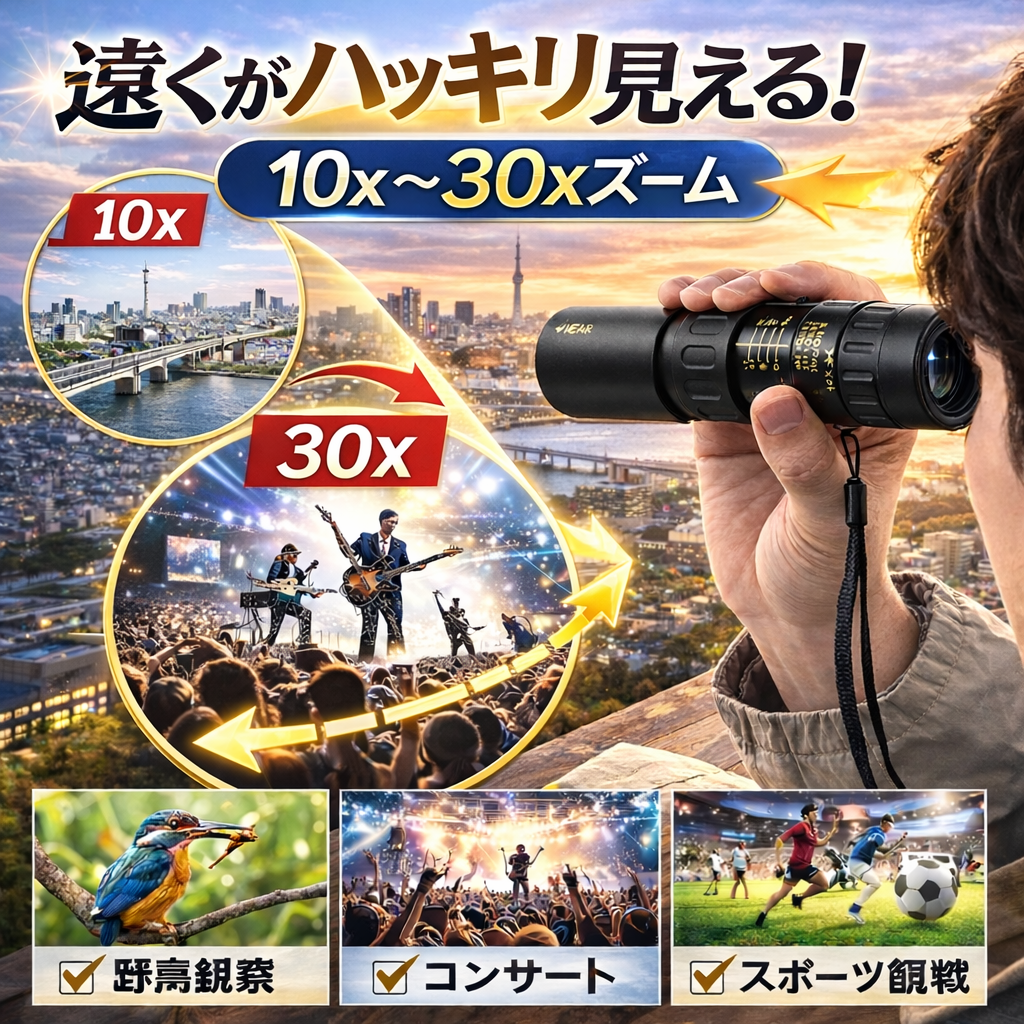 双眼鏡 高倍率 単眼鏡 コンサート ズーム 10倍 ~ 30倍 調整可能 単眼