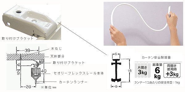 曲がる カーテンレール 天井付用 セオリーフレックス 2.0mサイズ