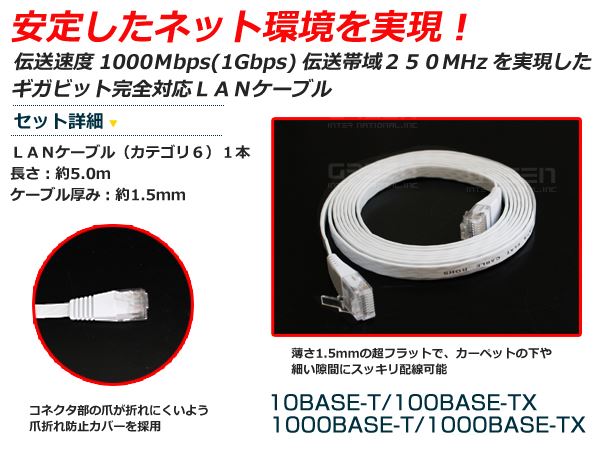 配線ケーブル 配線コード LANケーブル 約５m LANケーブル 5m カテゴリ6 フラットケーブル スリム 白 【有線 ネット