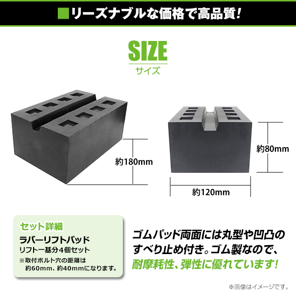 【送料無料】 4個セット 溝付き リフトブロック リフトアップ ゴムブロック 高さ80mm×長さ177mm×幅120mm リフト用 リフトパッド