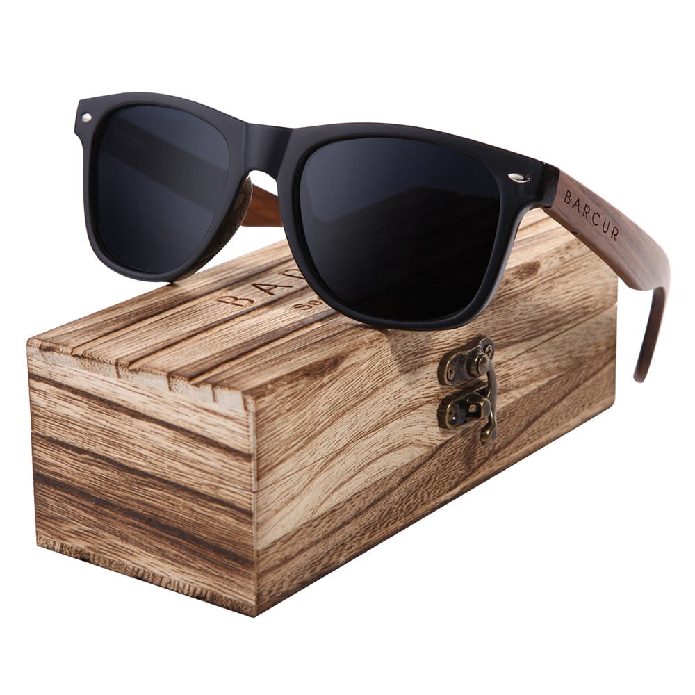 BARCUR 黒クルミサングラスウッド偏光サングラス男性メガネ男性 UV400 保護眼鏡木製オリジナルボックス