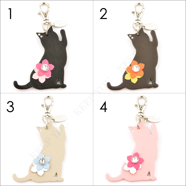 ねこパンチチャーム 牛本革 スワロフスキー付き Happy 全5色