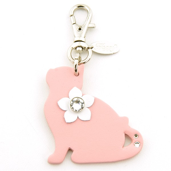 ねこチャーム 牛本革 スワロフスキー付き Happy 全5色 キーホルダー