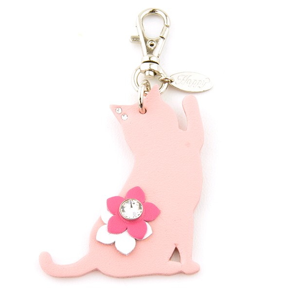 ねこパンチチャーム 牛本革 スワロフスキー付き Happy 全5色
